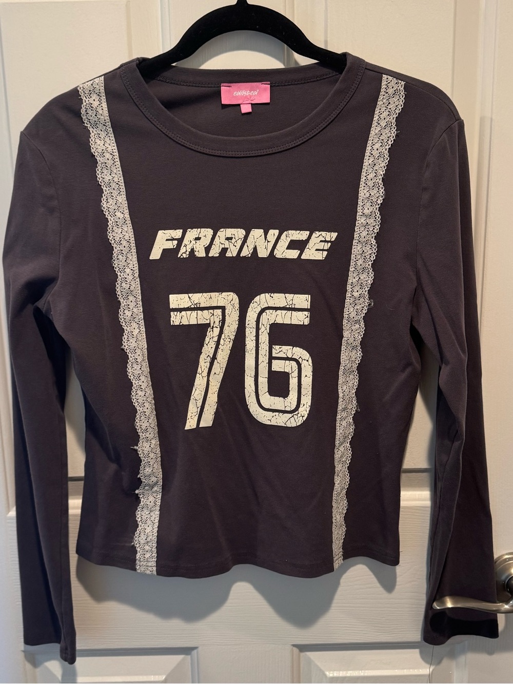 Edikted France 76 Long Sleeve Tee - Gray Knit with White Lace Size XL